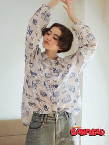 FRIFUL Garfield X FRIFUL Blusa suelta a rayas para mujer, ropa de verano informal, capa superior