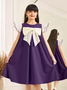 SHEIN 青少年女孩优雅拼色蝴蝶结装饰A字紫色连衣裙，圆领盖袖