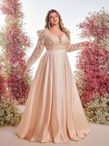 Glamrae Plus Size Luxury Lotus Pink Pearl & Rhinestone Embroidered Satin Patchwork Elegant Evening Gown - Apricot - View 7