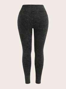 SHEIN EZwear Plus Size High Waisted Acid-Washed Casual Leggings, Spring/Summer - Black - View 2