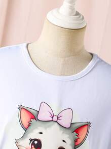 Tween Girls Cute Cat Print Contrast Mesh Dress With Belt - Pink - View 6