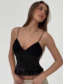 Aloruh Camiseta ajustada para mujer con tirantes finos y encaje con diseño de espina de pescado