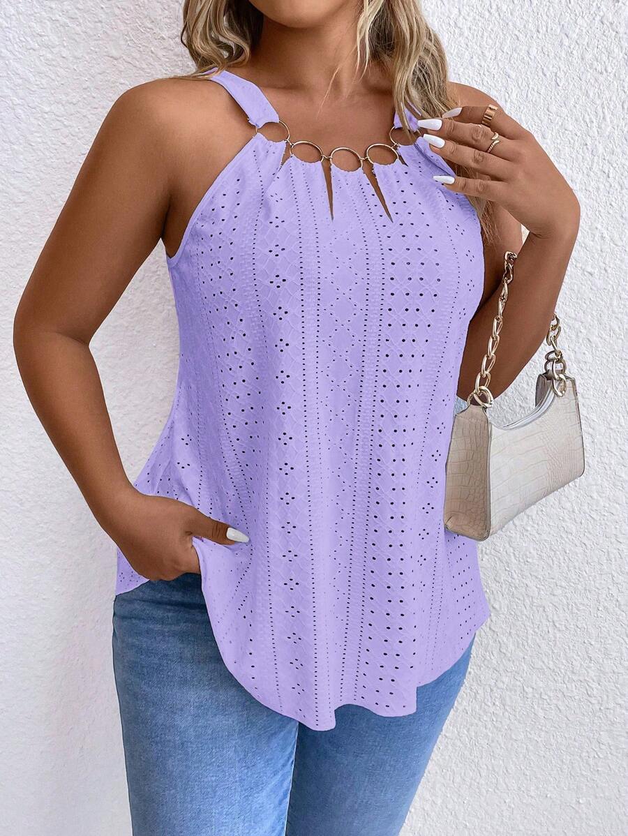 EMERY ROSE Plus Size Casual Solid Color Hollow Embroidery Tank Top - Mauve Purple - View 1