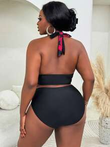 Slaydiva Conjunto de bikini de 2 piezas con parte superior estampada con flores en contraste y Bottom sólida para mujer de talla grande, conjunto de playa y vacaciones de verano - Negro - Ver 2