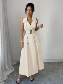 Elenzga Vestido informal y elegante de mujer tipo casual para vacaciones o trabajo, de unicolor, con solapa con muesca, doble botonadura, línea A, sin mangas y con cinturón