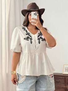 SHEIN EZwear Plus Size Women's Bohemian Vacation Casual Embroidery Floral Ruffle Trim Blouse, Spring/Summer - Beige - View 4