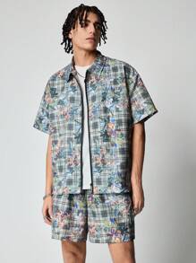 ROMWE MEN Street Life Men's Vacation Casual Plaid & Floral Print Shirt & Shorts Set - Multicolor - View 1