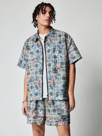 Street Life زي قصير وقميص كاجوال بنقشات مربعات وورود للرجال للعطلات الصيفية