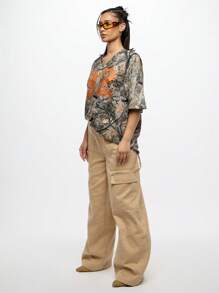 SUMWON WOMEN Carpenter Wide Leg Utility Trousers With Multiple Pockets Workwear Style Straight Cut High Waisted Fashion Statement Fall Winter Pants - Beige - View 4