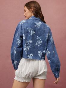 WESTFADE 领口纽扣前西部风实用口袋毛边下摆春季碎花印花牛仔长袖夹克