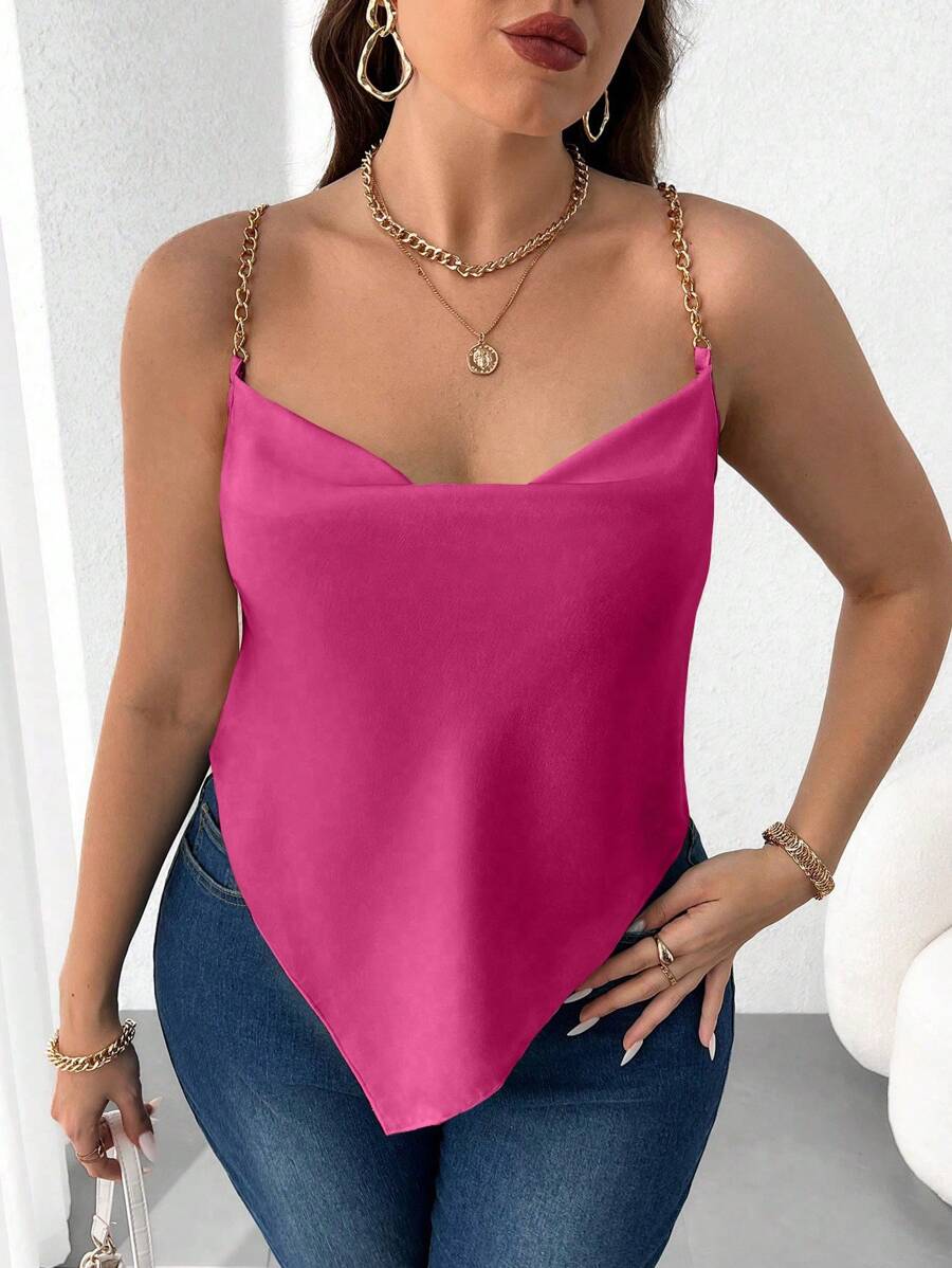 Celure Plus Size Solid Color Metal Strap Swing Neck Tank Top, Minimalist & Fashionable, Suitable For Summer