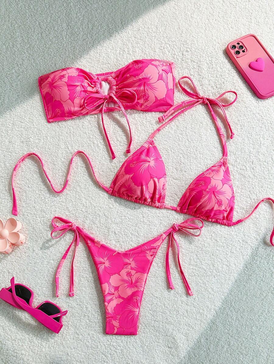 Swim Mod 3pcs/Set Women Pink Floral Cute Holiday Girl Swimwear Set For Summer Beach Vacation - Multicolor - View 1