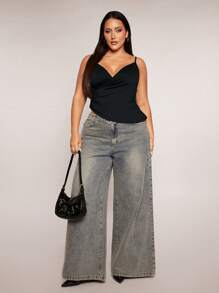 SHEIN BAE Plus Size Women Black Cross V-Neck Ruched Asymmetric Hem Cami Top, Suitable For Everyday, Outing, Date, Afternoon Tea, Vacation, Spring/Summer,Spring/Summer Vacation Floral Print White Camisole Top With Tie Straps,Mother's Day,4th Of July,Summer Outfits For Women,Music Festival - Black - View 9