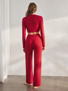 Ocili Damen minimalistische und modische Pyjama-Set, geeignet für den Sommer - Rot - Übersicht 2