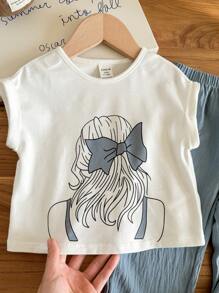SHEIN LMoss Kids Babygirl Cute Graphic Short Sleeve T-Shirt With Elastic Waist Blue Pants Set, Summer Casual - Blue - View 3
