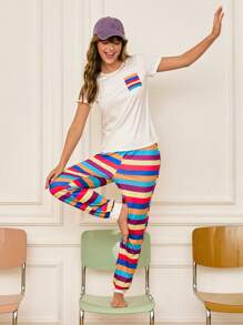 2pcs Women Stripe Pajamas Set, Minimalist And Fashionable, Suitable For Summer - Multicolor - View 6