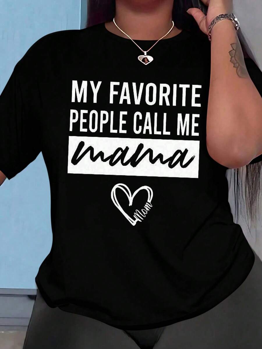 Maweii Plus Size Women Slogan Print Round Neck Short Sleeve Casual T-Shirt