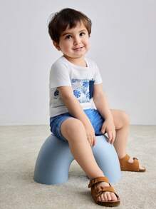 2pcs/Set Baby Boys Leaf Print Letter Pocket Round Neck Short Sleeve T-Shirt + Elastic Waist Blue Loose Sports Shorts Casual Outfit, Fashion Versatile Summer Sportswear