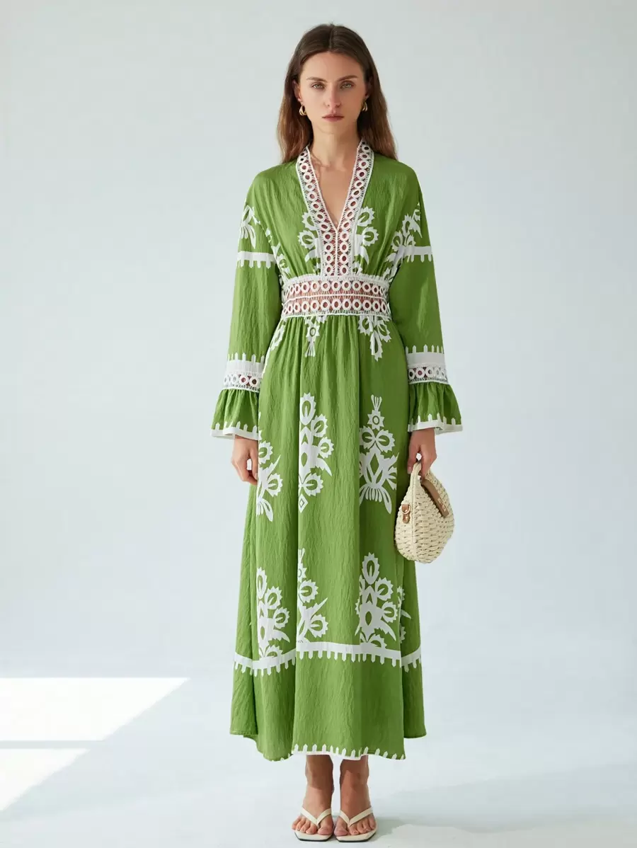 Aveloria Modichic Elegant Resort V-Neck Open-Worked Floral Print Long Dress With Flare Sleeves, Waist & Front Knit - Multicolor - View 1