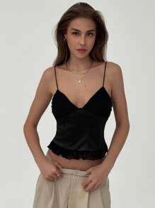 Aloruh Camiseta ajustada para mujer con tirantes finos y encaje con diseño de espina de pescado