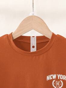2pcs/Set Young Boy Graphic Letter Printed Color Block Round Neck Tee And Patch Pocket Shorts For Summer - Orange - View 4