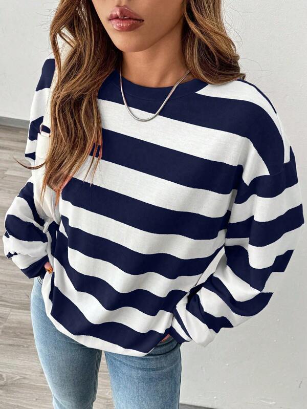 EMERY ROSE Women's Classic Contrast Color Striped Crew Neck Sweatshirt Top, New Arrival For AutumnPulloverFall Outfit