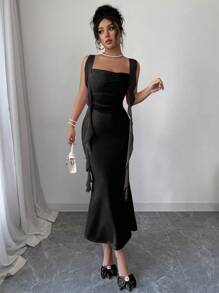 Elenzga 25 浪漫优雅水母蝴蝶结紧身网眼拼接鱼尾连衣裙，修身修身，春夏