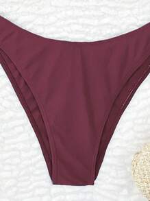 SHEIN Swim 2026 Spring/Summer Women's Adjustable Strap Silver Ring Buckle V-Neck Burgundy Side High Cut Bottoms Vacation Bikini 2-Piece Swimsuit - Burgundy - View 5