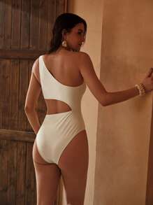 MOTF PREMIUM CUT OUT ONE SHOULDER ONE-PIECE SWIMSUIT FOR SUMMER BEACH VACATION - Beige - View 2
