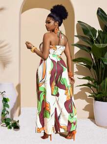 Slaydiva Plus Size Women's Sleeveless Tied Neck Hollow Out Wide Leg Jumpsuit With Print, Sexy & Bodycon, For Spring & Summer Vacation - Multicolor - View 3
