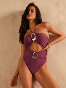 SHEIN Swim Chicsea 1 pieza Traje de baño de una pieza para mujer, unicolor y de estilo minimalista para el verano