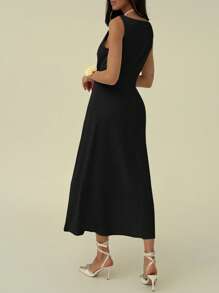 Aloruh Elegant Minimalist Office Outfit Draped Neck A-Line Pleated Midi Dress For Women - Black - View 2