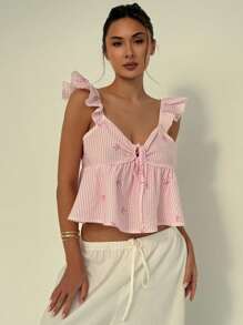 Aloruh Nouvelle mode Top babydoll évasé à manches à volants, taille marquée, nœud papillon et dos nu