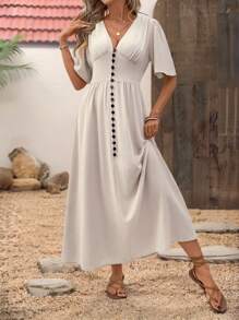 SHEIN LUNE Women's Summer Casual Black Tea Party Vacation Holiday Boho Maxi Dress,Button Front Cinched Waist Ruffle Hem Tassel Pendant Retro Urban Sun Dress - Apricot - View 1