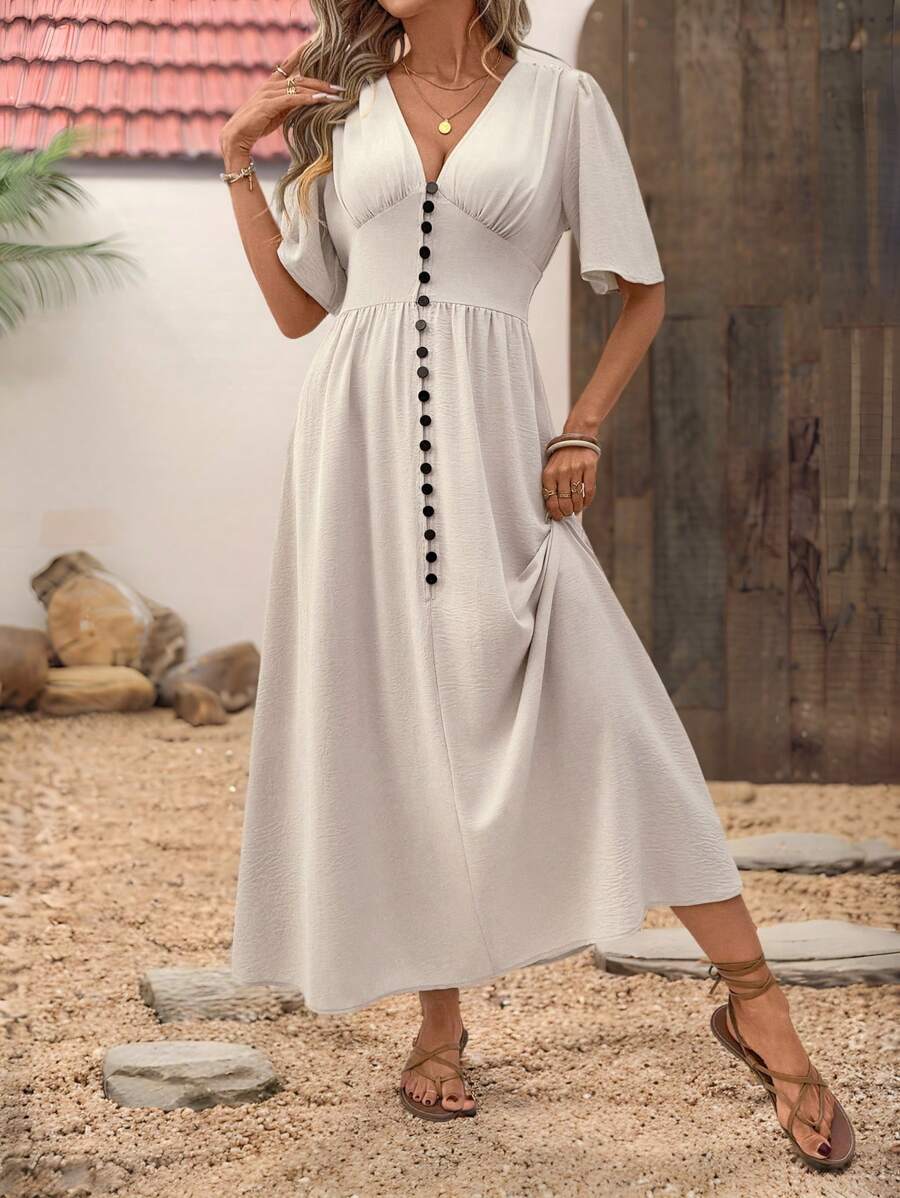 SHEIN LUNE Women's Summer Casual Black Tea Party Vacation Holiday Boho Maxi Dress,Button Front Cinched Waist Ruffle Hem Tassel Pendant Retro Urban Sun Dress - Apricot - View 1