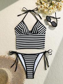 Swim Lushoire Set da 2 pezzi da donna composto da top corto con spalline a spaghetti e bikini, casual, per vacanza in spiaggia, con dettagli di taglio e testurizzati