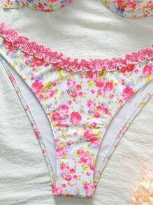 Swim Mod Damski letni zestaw bikini z marszczeniami w drobne kwiaty, uroczy i romantyczny