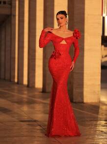 Glamrae Elegant Red Sequined Fabric Handmade Three-Dimensional Flower Chest Hollow Long Sleeve Fishtail Dress,Ladies Formal Dinner Evening Party Wedding Gown - Red - View 5