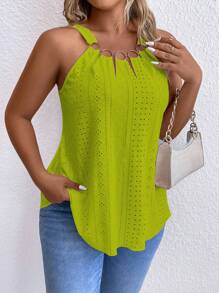SHEIN LUNE Plus Size Vacation Casual Solid Color Hollow-Out Embroidery Tank Top