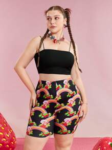 Strawberry Shortcake X SHEIN Plus Size Kawaii Rainbow & Strawberry Print Black Summer Biker Shorts