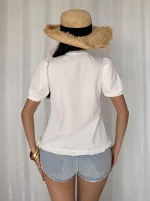 Chiquease Elegant Puff Sleeve Sweet Bowknot Solid Color Lace Trim Shirt, Spring/Summer - White - View 2