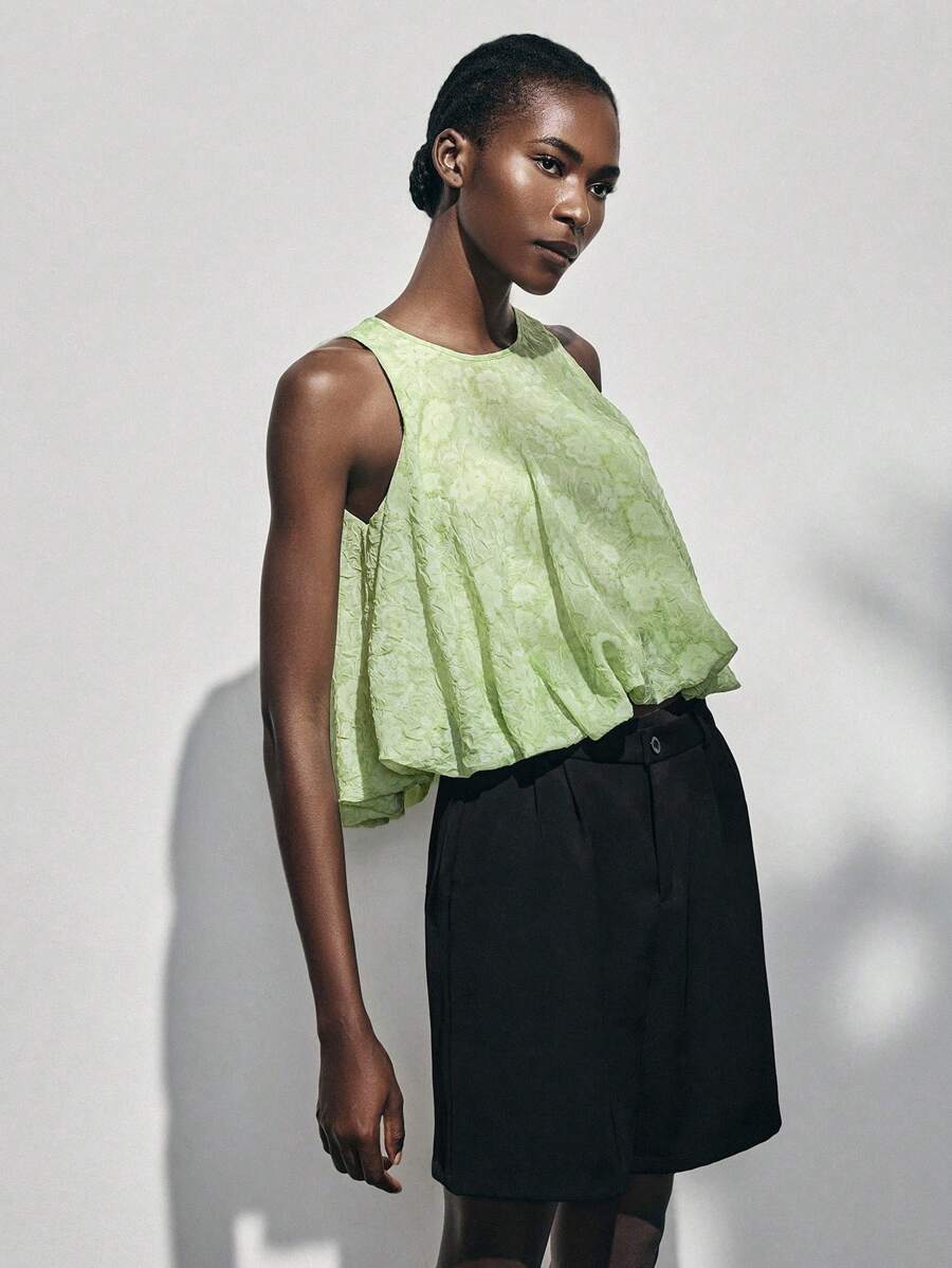 Lumivelle Elegant Jacquard Peplum Hem Tank Top For Summer - Green - View 1
