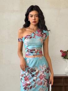 EastFlair Women's Elegant Floral Print Asymmetric Neck T-Shirt,Rave Top