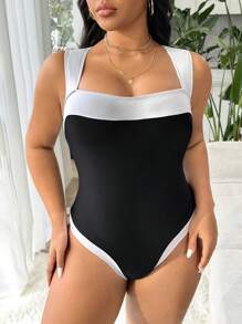 SHEIN Swim Curve Plus Size Women's Black & White Patchwork Sleeveless Minimalist Stylish One-Piece Swimsuit, Casual Holiday For Summer Beach Vacation