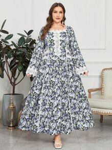 Al Najma Plus Size Long Sleeve Floral Lace Trim Arabic Women Dress,Modest - Purple - View 7