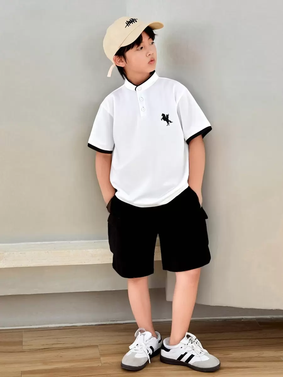 SHEIN Leap Crew 2pcs/Set Tween Boy Summer Casual Short Sleeve T-Shirt And Shorts Set - White - View 1