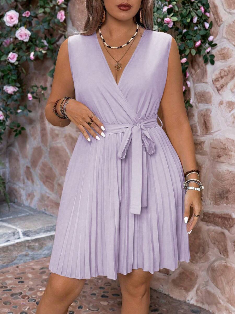 Cravure Plus Size Women Solid Color Overlap V-Neck Pleated Hem Sleeveless Dress Wedding - Mauve Purple - View 1