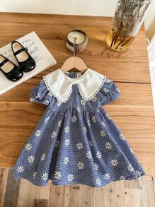 SHEIN LMoss Kids Gaun Berkerah Motif Bunga Kotak-kotak Lucu untuk Bayi Perempuan, Musim Panas - Biru - View 9