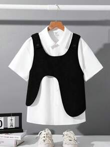 1-For-1 Tween Boy Casual Collared Shirt + Pony Vest Set, Suitable For Autumn, Spring, Summer, Outdoor Play, School, Street Style, Parties And Casual Home Wear