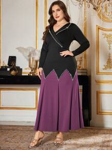 Modelyn Plus Size Elegant V-Neck Romantic Pearl Splice Fish Tail Evening Dress - Red Violet - View 3
